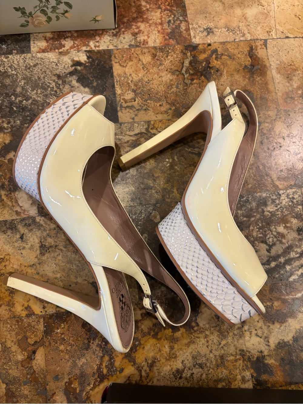 Vince Camuto Cream Patent Slingback Platform Pumps